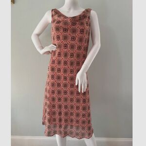 Vintage Y2K Sleeveless Midi Dress Geometric Tile Print Mesh Overlay size 10